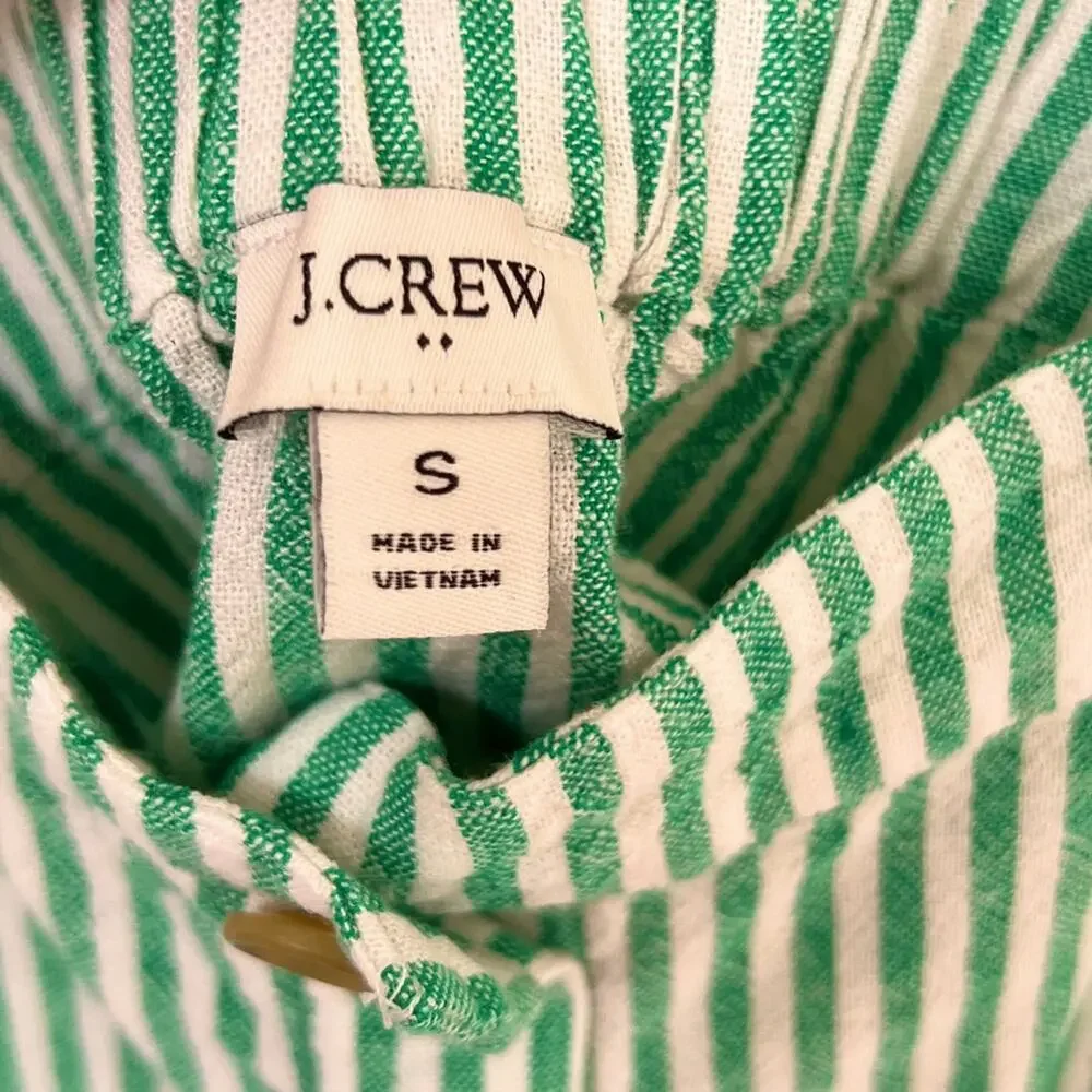 J. Crew Green Striped Linen Button Front Ruffle Top Small